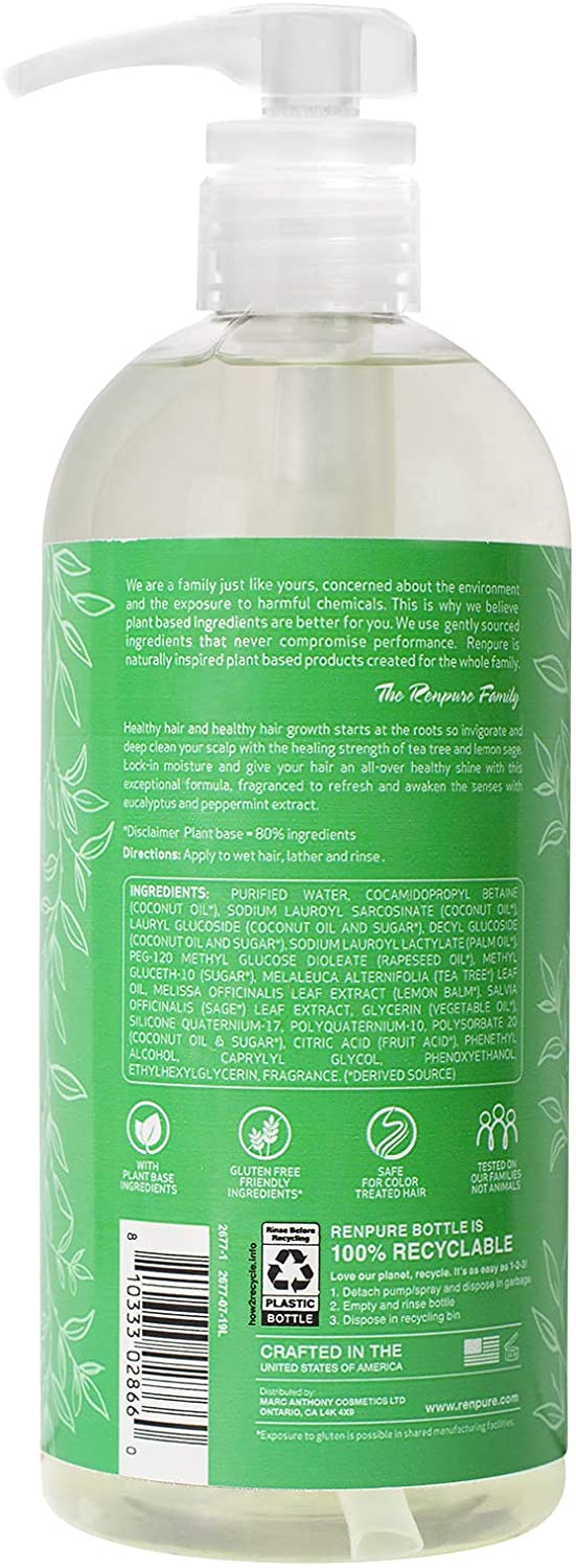 Renpure Plant Based Beauty, Tea Tree Lemon Sage Shampoo, 24 Ounce RENPURE Store