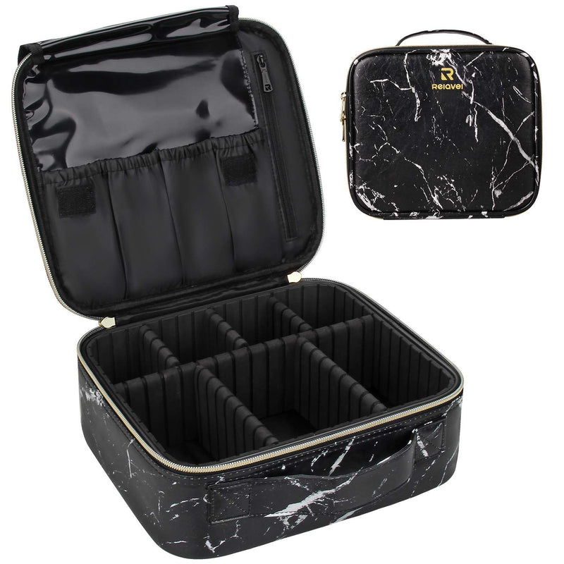 Relavel Travel Makeup Train Case Makeup Cosmetic Case Organizer Portable Artist Storage Bag with Adjustable Dividers for Cosmetics Makeup Brushes Toiletry Jewelry Digital Accessories (Marble, Black) Relavel