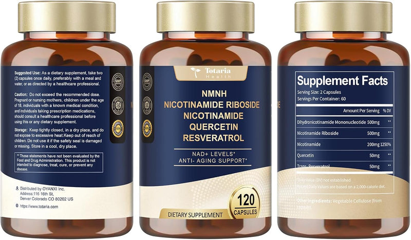 NMNH (Dihydronicotinamide Mononucleotide), NMN Alternative Supplement w/Niacinamide (Vitamin B3), Quercetin, Trans-Resveratrol, Support NAD+, Skin Cell Health*, Anti-Aging & Energy, 120 Caps Infinity Warehouse