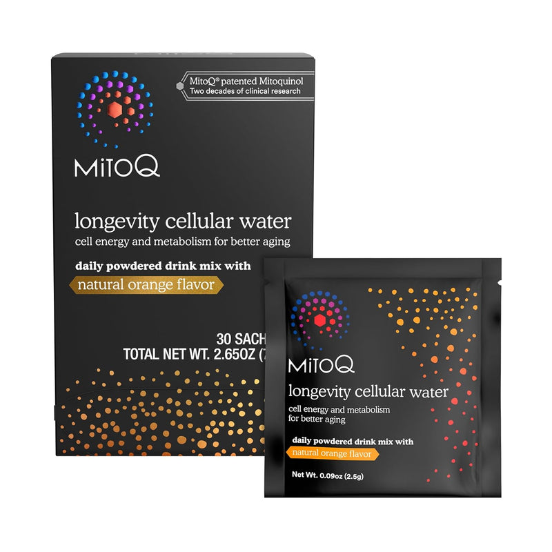 MitoQ Longevity Cellular Water Daily Powdered Drink Mix Natural Orange Flavor - Mitochondria-targeted Antioxidant - Cell Energy and Metabolism for Better Aging (Orange, 30 Packets) Infinity Warehouse