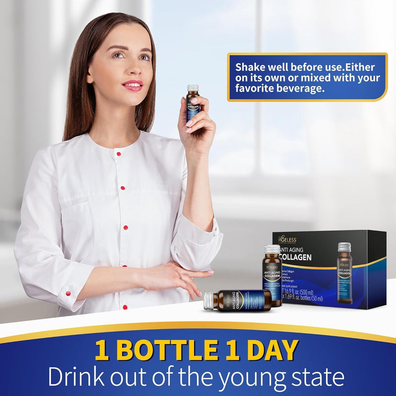 Ageless Anti Aging Collagen Liquid - Marine Collagen, Turmeric, Glutathione, and Rosa Roxburghi - 50 ml (10 Count) Infinity Warehouse