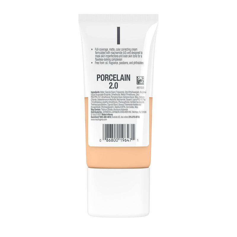 Neutrogena Clear Full Coverage Flawless Matte CC Cream, Face Makeup with Niacinamide (b3), Oil/Fragrance/Paraben & Phthalate Free, Porcelain 2.0, 1 Fl Oz Neutrogena