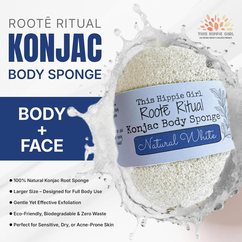 Roote Ritual Konjac Body Sponge – 100% Natural Exfoliating Shower Sponge for Sensitive Skin – Gently Deep Cleanses, Earth-Friendly Loofah, Biodegradable, Vegan – for Women, Men (Natural White) Infinity Warehouse