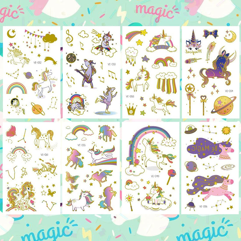 Ooopsiun Glitter Unicorn Temporary Tattoos for Girls, 8 Sheets Gold Unicorn Birthday Party Supplies Decorations for Kids , Fake Tattoos Stickers Ooopsiun