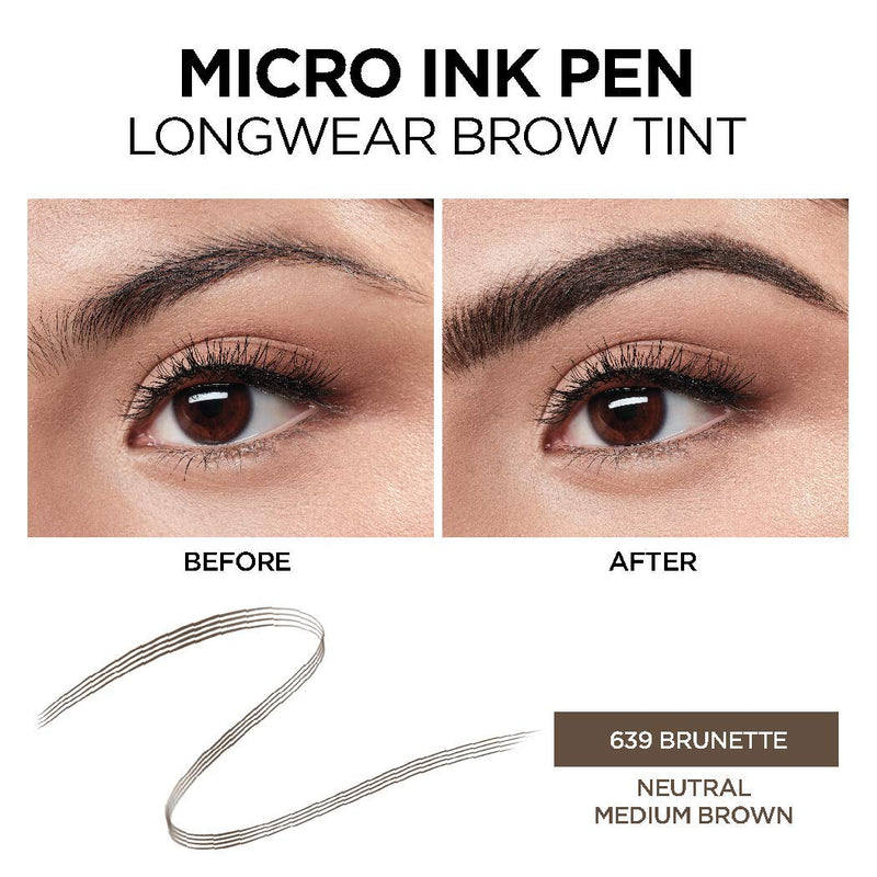 L'Oreal Paris Micro Ink Pen by Brow Stylist, Longwear Brow Tint, Hair-Like Effect, Up to 48HR Wear, Precision Comb Tip, Brunette, 0.033 fl; oz. L'Oreal Paris