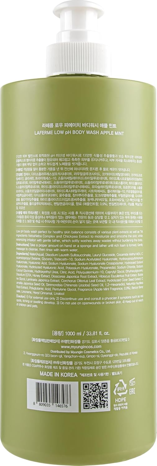 laferme Low pH balanced Gentle Korean Body Wash with Natural & Organic Ingredients, Hypoallergenic for Sensitive Skin, Moisturizing & Hydrating for Dry Skin, For Women & Men, 33 Fl Oz, Apple Mint Infinity Warehouse