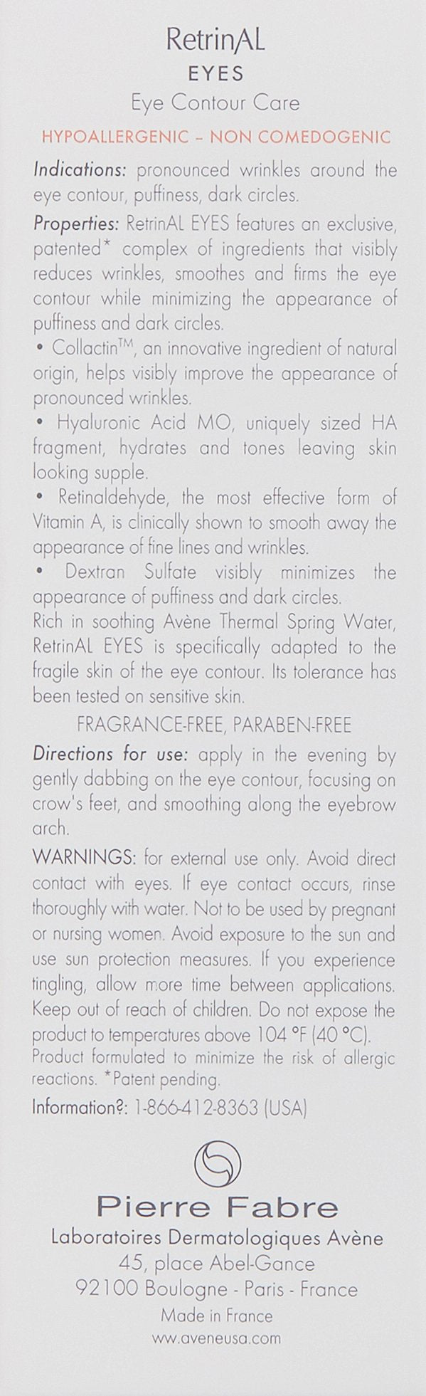 Eau Thermale Avene - RetrinAL EYES - Retinaldehyde & Hyaluronic Acid - Minimizes Appearance of Under-Eye Lines, Puffiness & Dark Circles - 0.5 fl.oz. Eau Thermale Avène