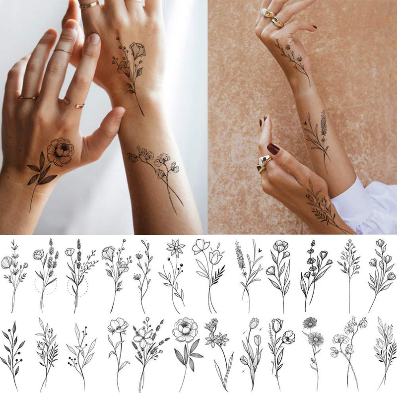 15 Sheets FANRUI Tiny Branch Black Flower Temporary Tattoos For Women Girl Floral Bouquet Small Tattoo Temporary Wild Plant Lavender Sweet Pea Larkspur Fake Tatoo Adults Face Hands Kids Kit Sticker FANRUI Store