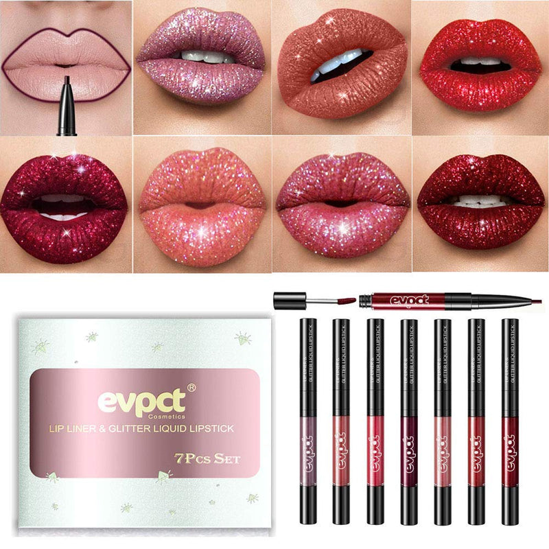 7Pcs Matte to Glitter Liquid Lipstick & Lip Liner 2 IN 1 Set, Double Head Diamond Shimmer Metallic Lipgloss Waterproof Long Lasting Not Stick Cup Lip Gloss Set Makeup Gift Kit evpct 04 evpct
