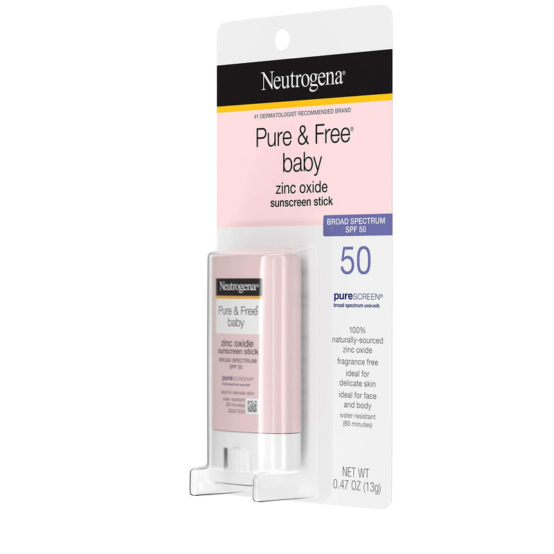 Neutrogena Pure & Free Baby Mineral Sunscreen Stick with Broad Spectrum SPF 50 & Zinc Oxide, Water-Resistant, Hypoallergenic, Paraben-, Dye- & PABA-Free Baby Face & Body Sunscreen, 0.47 oz Neutrogena