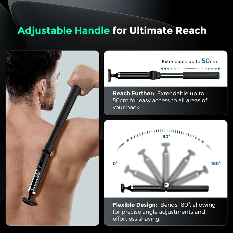 FOKE Back Shaver for Men, Ultra-Wide 1.8" T-Shaped Head, Includes Travel Case, Mens Back Shaver Rechargeable with Long Handle, Safety Lock, Waterproof IPX7, Multi-Functional Body Hair Trimmer,(Black) Infinity Warehouse