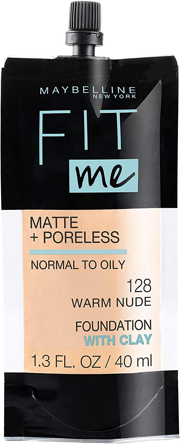 Maybelline Fit Me Matte + Poreless Liquid Foundation, Face Makeup, Mess-Free No Waste Pouch Format, Normal To Oily Skin Types, 128 Warm Nude, 1.3 Fl Oz Maybelline New York