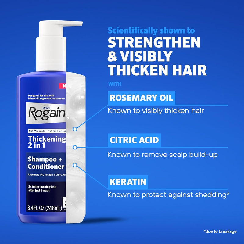 Rogaine Men's Thickening 2 in 1 Shampoo + Conditioner, Hair Thickening Shampoo & Conditioner with Rosemary Oil, Keratin & Citric Acid Leaves Hair Visibly Thicker, Not Minoxidil, 8.4 fl. oz Infinity Warehouse