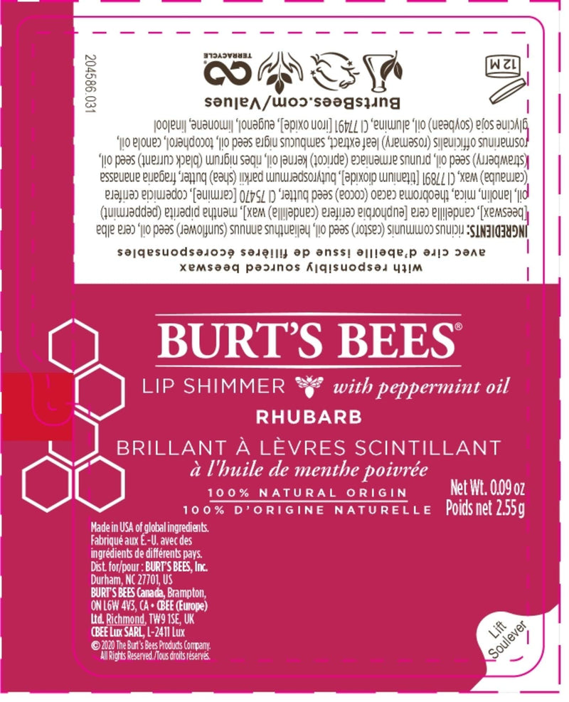 Burt's Bees 100% Natural Moisturizing Lip Shimmer, Rhubarb - 1 Tube Burt's Bees