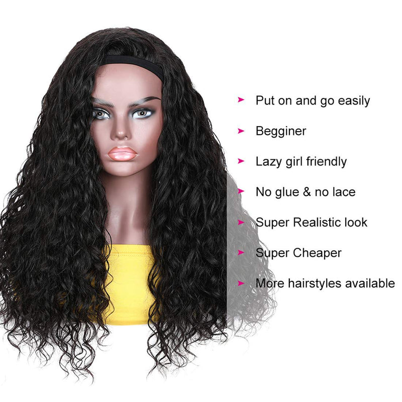 Beauty Forever Headband Human Hair Wig Water Wave Glueless Human Hair Wigs With Pre-attached Scarf Non Lace Front Wigs for women Natural Color 150% Density 24 Inch Beauty Forever Store