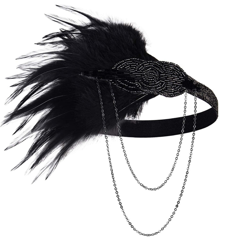 BABEYOND 1920s Flapper Headband Roaring 20s Great Gatsby Headpiece Beaded Black Feather Headband 1920s Flapper Gatsby Hair Accessories BABEYOND
