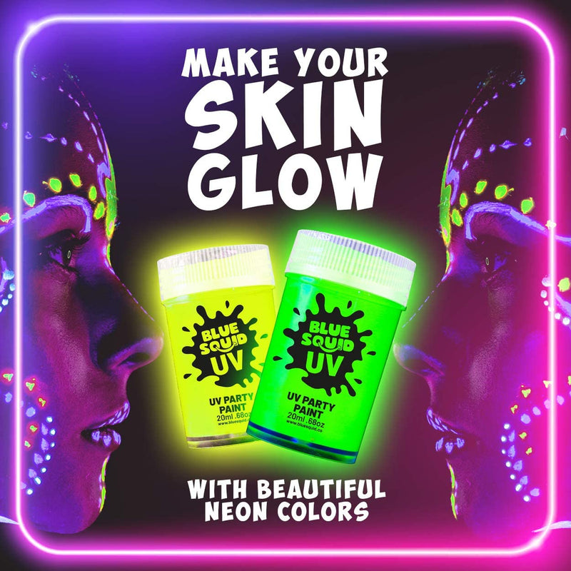 Glow in The Dark Paint - Blue Squid Fluorescent Glow Face & Body Paint for UV & Blacklight | Set of 8 Neon Face Paint Colors + Free Bonus Ultraviolet Flashlight | Bright Glowing Makeup for Festivals Blue Squid