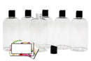 Baire Bottles 8 oz Empty Refillable Plastic Bottles with Squeeze Top, Hand-Press Lids - Hand Soap, Shower, Lotion, Homeopathy, Travel, 6 Pack PET, BPA Free USA (Clear, Black Disc, Floral Labels) Baire Bottles