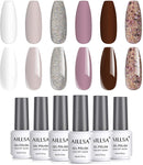 AILLSA Champagne Gel Nail Polish Kit, 6 Colors Purple Caramel Glitter White Gel Polish Set, Soak Off UV Nail Gel Polish Manicure Kit DIY Home Salon Nail Art AILLSA Store