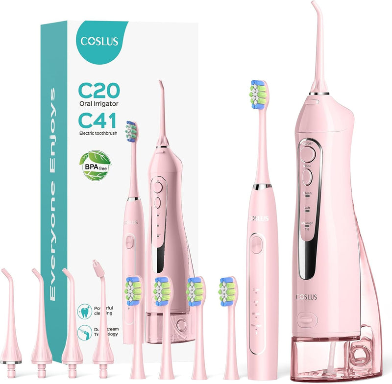 Water Flosser, Water Dental Flosser with Electric Toothbrush: COSLUS 300ML Water Portable Pick Cordless Flossers for Teeth Cleaning and Electric Tooth Brush for Adults IPX7 Waterproof Combo Pink - Infinity Warehouse