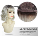 ROSEBUD Wavy Bob Wig with Bangs Natural Ombre Silver Wig Synthetic Hair Shoulder Length Short Curly Wigs for Women Rose bud