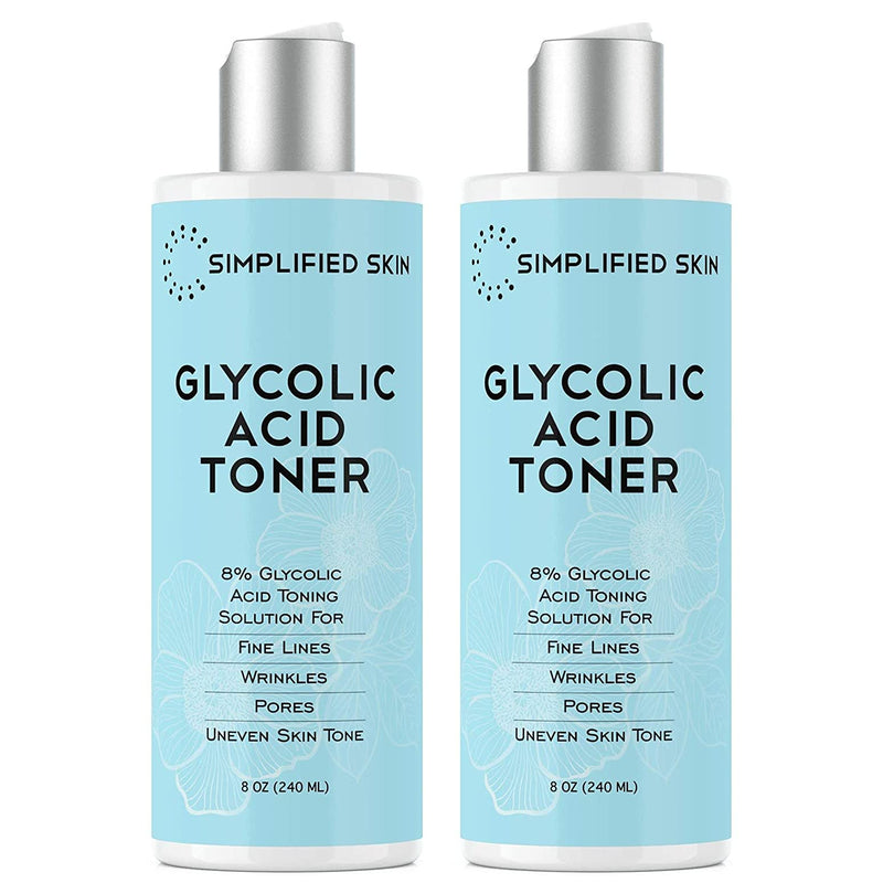 Glycolic Acid Toner 8% for Face (8 oz). Exfoliating Facial Peel for Anti-Aging & Acne. Alcohol-Free Daily Makeup Removing Toning Solution with AHA & Rosemary Extract by Simplified Skin - 2 Pack Simplified Skin