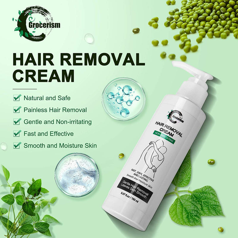 Hair Removal Cream, Painless Natural Depilatory Cream for Men and Women, Non-Irritating for Sensitive Skin. For Bikini and Intimate Area, Genitals, Arms, Legs, Underarms, Chest, 5.07 fl oz Grocerism