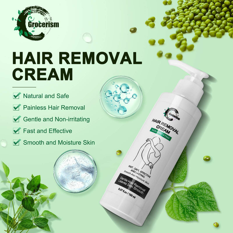 Hair Removal Cream, Painless Natural Depilatory Cream for Men and Women, Non-Irritating for Sensitive Skin. For Bikini and Intimate Area, Genitals, Arms, Legs, Underarms, Chest, 5.07 fl oz Grocerism