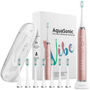 AquaSonic Vibe Series Ultra Whitening Toothbrush – ADA Accepted Electric Toothbrush - 8 Brush Heads & Travel Case - Ultra Sonic Motor & Wireless Charging - 4 Modes w Smart Timer – Satin Rose Gold Aquasonic
