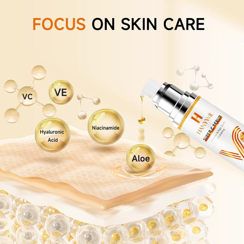 HANYWIL Super Vitamin C Serum for Women over 70, Vitamin C Serum for Face, Dark Spot Remover for Face, Hyaluronic Acid Skin Care, Targets Age Spots, Hydrates and Wrinkle Reduction 1.7fl oz Infinity Warehouse