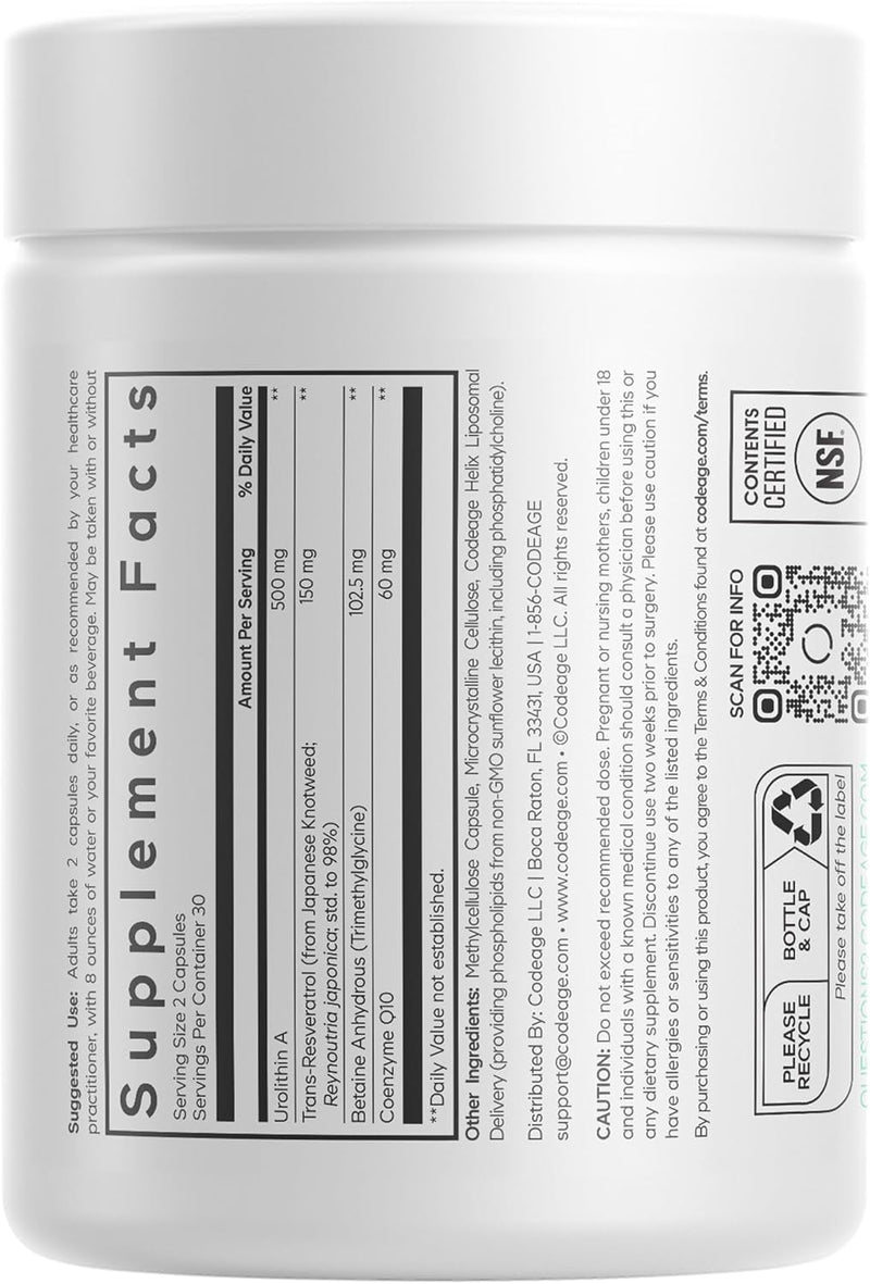 Codeage Liposomal Urolithin A Supplement 500mg Per Serving + Resveratrol, Betaine, CoQ10, Ellagitannins - A New Frontier Beyond NADH, NMN, NAD, NR, and PQQ Vitamins - Bioavailable - 60 Capsules Infinity Warehouse