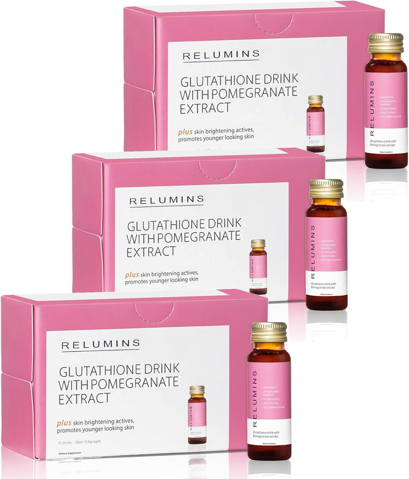 Relumins Glutathione Drink - Helps Promote Brighter and Firm Skin, Boosts Collagen Content, Moisture for a Younger Looking Skintone - Pomegranate Flavor, 50mL x 10 Gluta Shot Bottles Infinity Warehouse