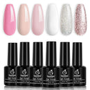 Beetles French White Gel Nail Polish Kit - 6 Pack Nude Pink Glitter Gel Polish Set Soak Off LED Lamp Nail Gel Manicure Kit Cured Gel Base Top Coat Needed DIY Home Salon Nail Art beetles Gel Polish