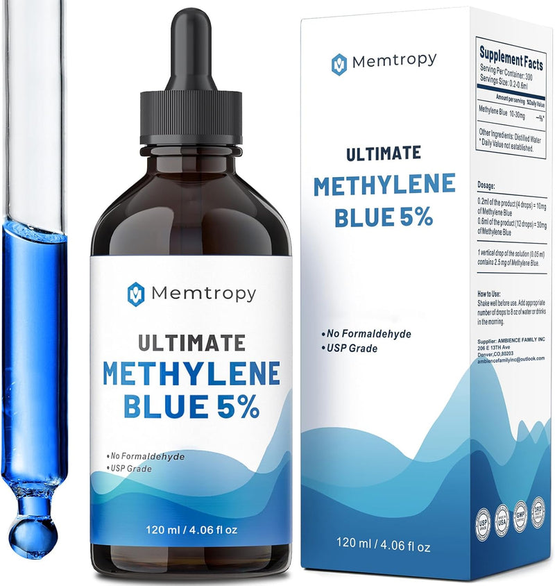 Methylene Blue Pharmaceutical Grade 4.06 fl oz (120 mL), 99% Purity Supplement for Humans, Formaldehyde-Free, Alcohol-Free, Glass Bottle Infinity Warehouse