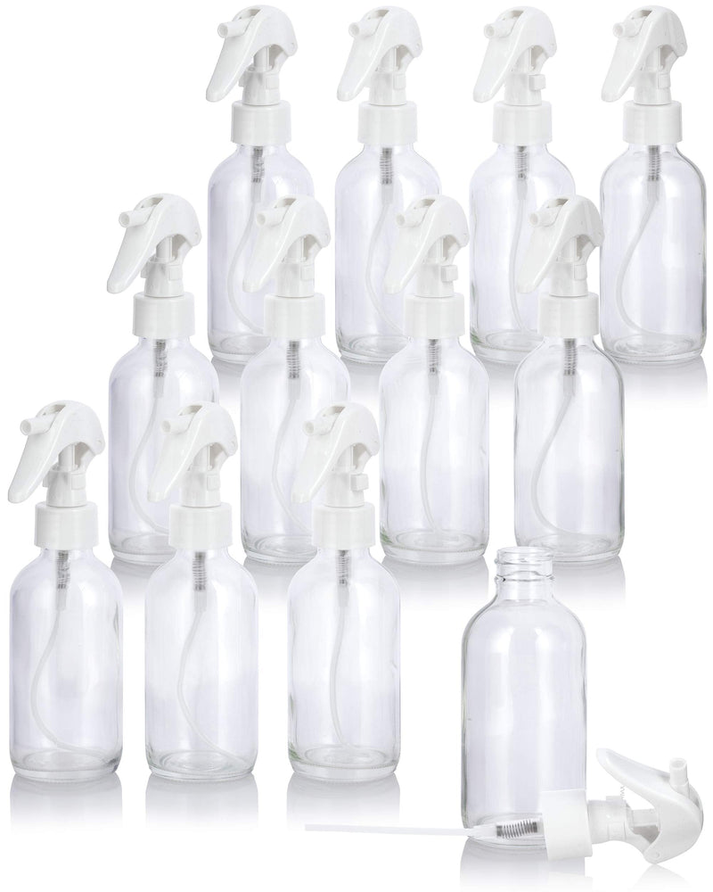 4 oz / 120 ml Clear Glass Boston Round Bottle with White Trigger Spray (12 pack) JUVITUS