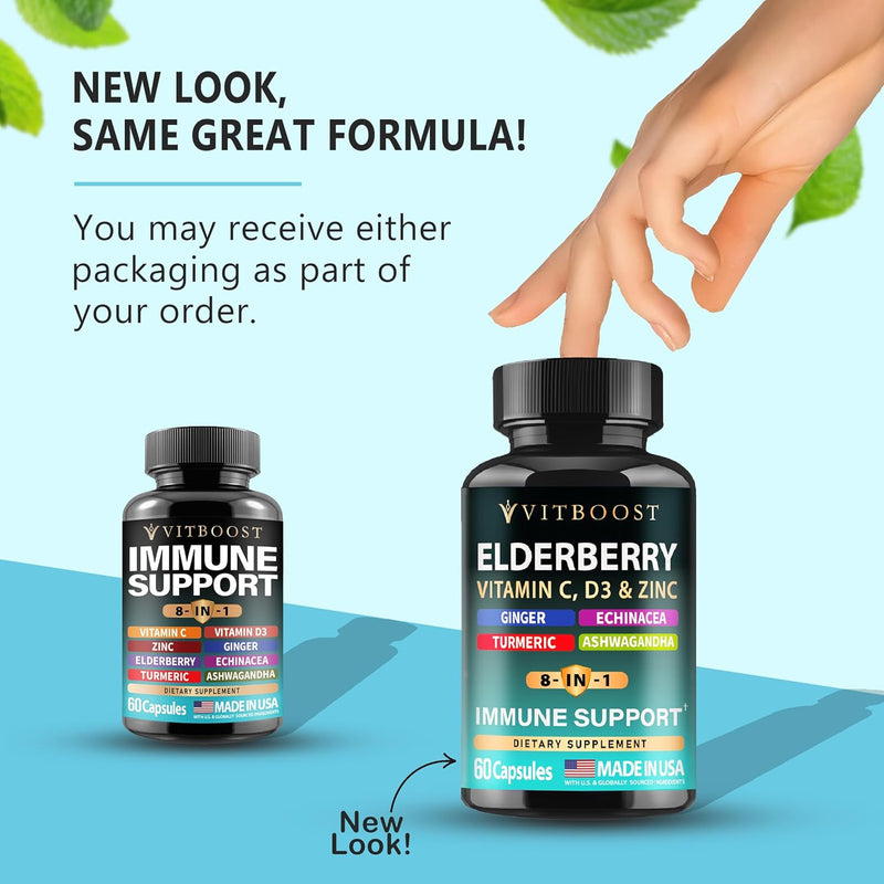 Elderberry Immune Support Supplement 8-in-1 Formula with Echinacea, Vitamin C & Zinc, Vitamin D 5000 IU, Turmeric, Ginger, Ashwagandha – 60 Capsules Infinity Warehouse
