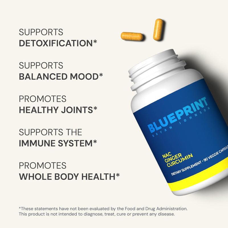 Blueprint Bryan Johnson NAC Supplement - Promotes Stress Relief, Immune System Function, Respiratory Health - Includes N-Acetyl-L-Cysteine, Ginger, Curcuminoids - Detoxifying - Vegan (30 Servings) Infinity Warehouse