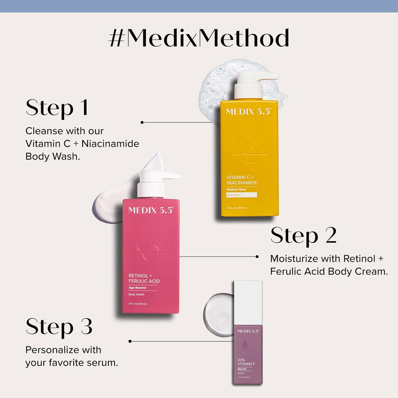MEDIX Vitamin C Body Wash + Retinol Body Lotion Crepey Skin Moisturizer 2PC Set | Anti Aging Retinol Body Cream + Gel Body Cleanser Skincare Set For Women, Men, & Firmer Looking Skin, 2PC Infinity Warehouse