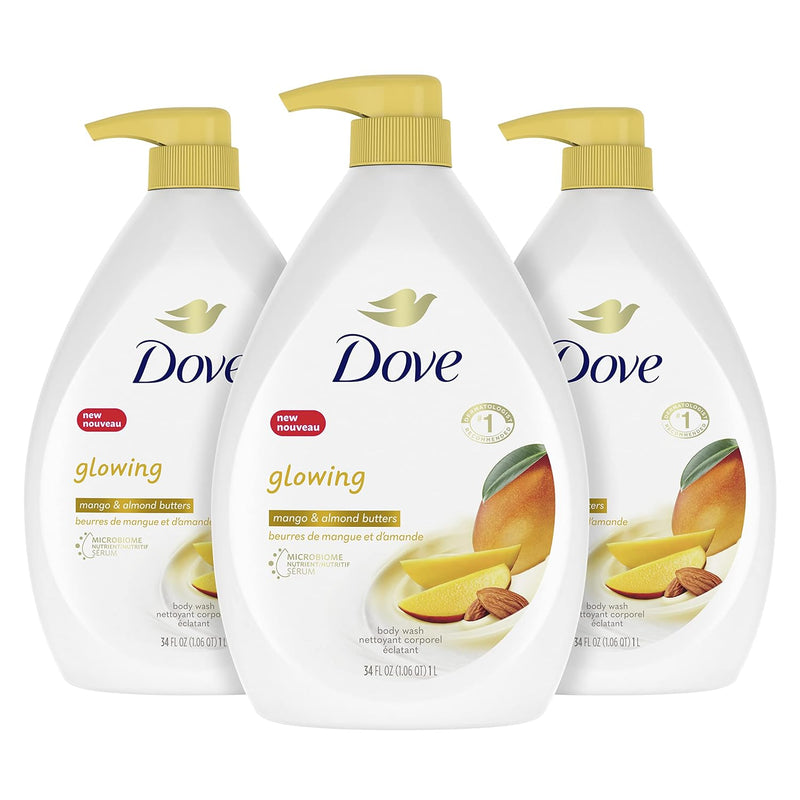 Dove Body Wash with Pump 3 Count Glowing Mango & Almond Butter for Renewed, Healthy-Looking Skin Gentle Skin Cleanser with 24hr Renewing MicroMoisture 30.6 oz Infinity Warehouse
