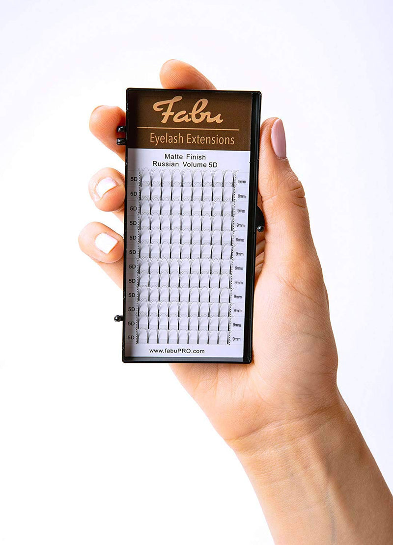 Professional Premade Fans for Lash Extensions – Handmade Russian Volume Lash Fan Tray – Natural Look, Cruelty-Free Mink Lashes for False Eyelash Extension Kit by Fabu, Matte Black, 5D 0.07 D-curl 9mm Fabu