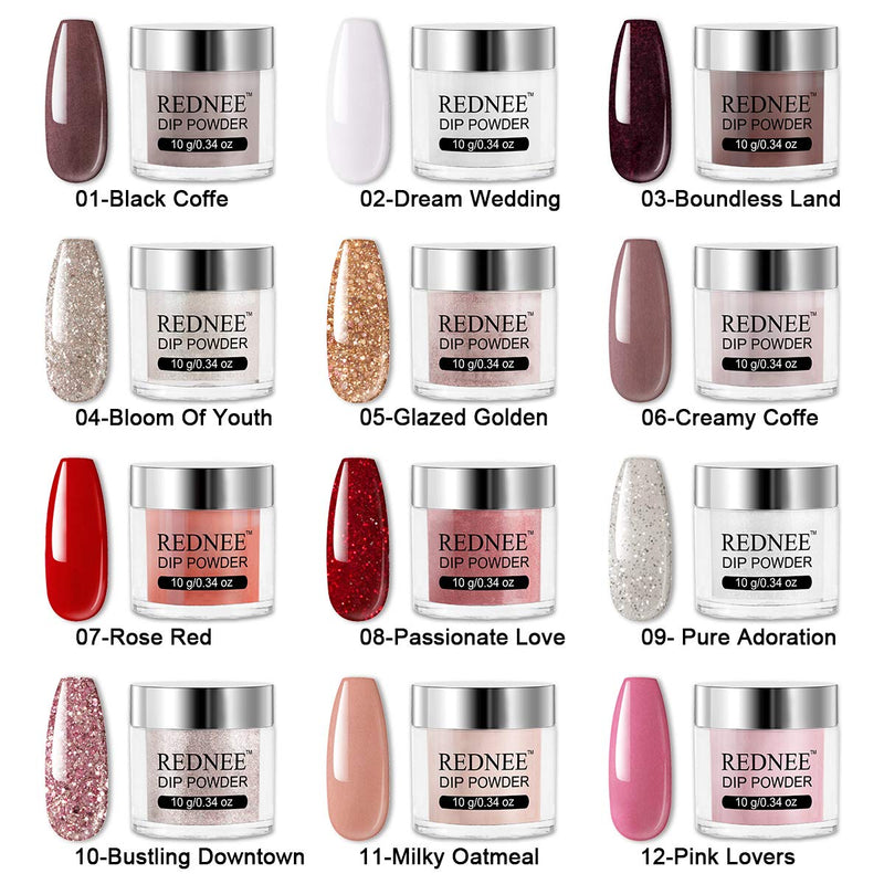 REDNEE Dip Powder 12 Colors Nail Starter Kit with Base Activator and Top Coat 22pcs Gift Set for Nail Art - RE08 Inviting Color REDNEE