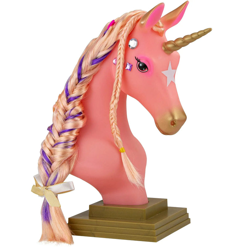 Breyer Horses Mane Beauty Unicorn Styling Head | Stardust | Pink Extra-Long Silky No Tangle Mane | 10" x 4.25" x 4.25" | Styling Book, Brush, Hair Coils, Clips, Elastics | Unicorn Toy | Model