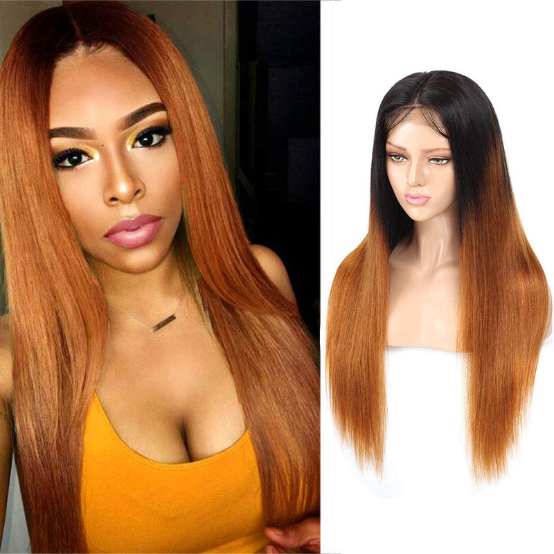 Seelaak Silky T Part Straight Wig 13x4 Transparent Lace Wig 22 Inches 150% Density Ombre Brown Straight Lace Front Wig Human Hair seelaak
