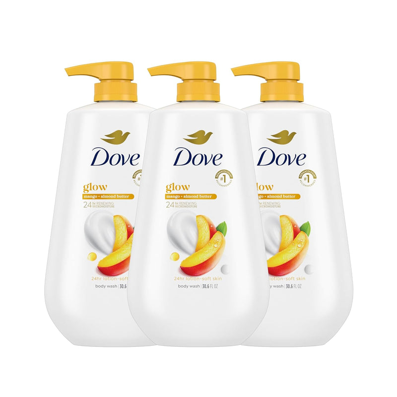 Dove Body Wash with Pump 3 Count Glowing Mango & Almond Butter for Renewed, Healthy-Looking Skin Gentle Skin Cleanser with 24hr Renewing MicroMoisture 30.6 oz Infinity Warehouse