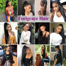 Feelgrace Straight Human Hair Ponytail Extension 10A Grade Brazilian Remy Human Hair Ponytail Extension for Black Women Wrap Around Silky Full Thick Straight Ponytail Hairpiece (14 Inch) Feelgrace