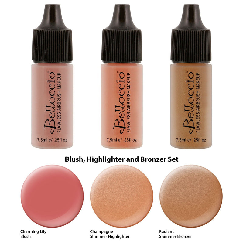 Belloccio Professional Beauty Airbrush Cosmetic Makeup System with 4 Medium Shades of Foundation in 1/4 Ounce Bottles - Kit Includes Blush, Bronzer and Highlighters Belloccio