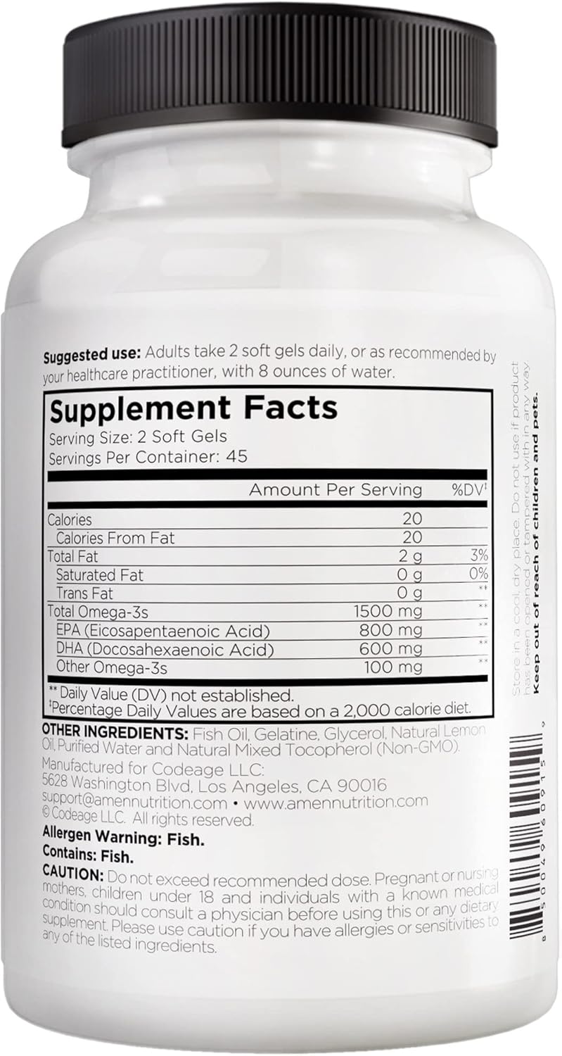 Amen Omega-3 Supplement - 1500mg High-Potency Daily Omega 3 - EPA and DHA Fatty Acids Fish Oil - 45-Day Supply - Fatty Acid Supplements - Fish Oil Pills - Non-GMO - 90 Soft Gels Capsules Infinity Warehouse