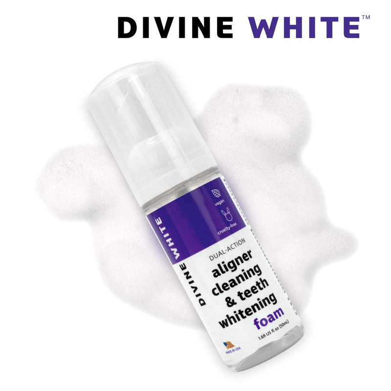 Divine White Dual-Action Stain Removal Aligner/retainer Cleaner and Teeth Whitening Foam- Hydrogen Peroxide-Good for Invisalign, ClearCorrect, SmileDirectClub, Candid, Byte -Oral Care-Foam Toothpaste DIVINE WHITE