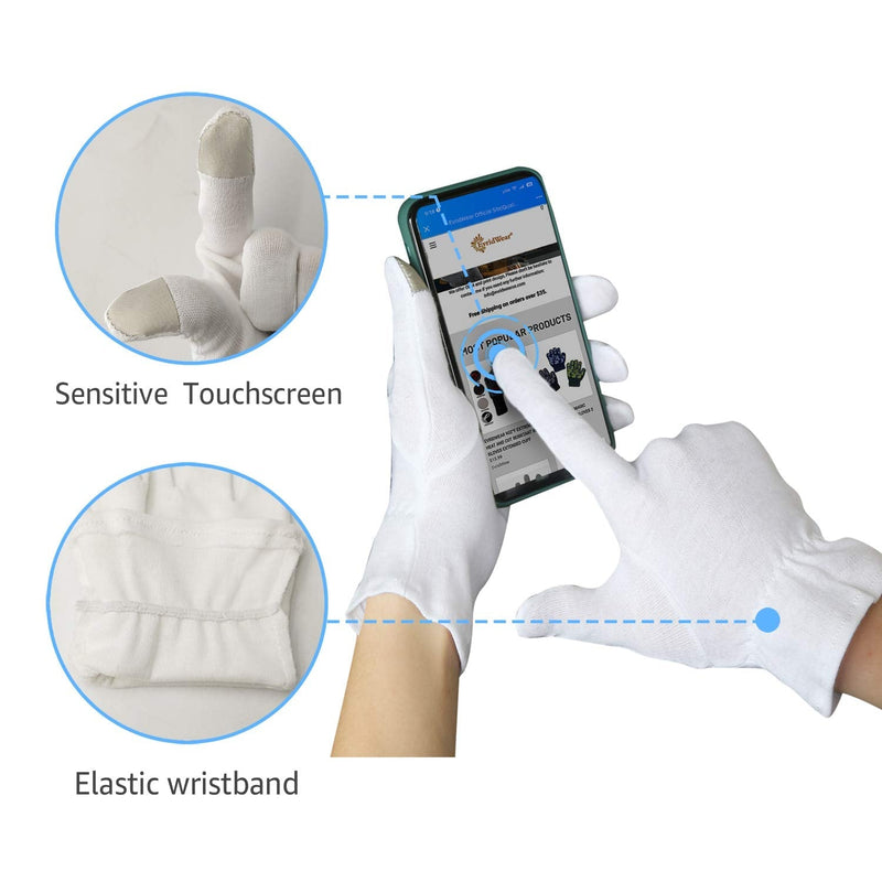 EvridWear 100% Cotton Touchscreen Moisturizing Beauty Gloves with Elastic Cuff, Natural Cosmetic Therapy Gloves for Eczema SPA Dry Hands Care Overnight (White, Large) 5 Pairs Evridwear