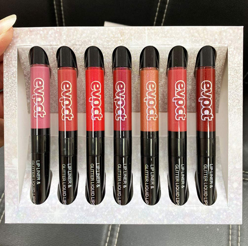 7Pcs Matte to Glitter Liquid Lipstick & Lip Liner 2 IN 1 Set, Double Head Diamond Shimmer Metallic Lipgloss Waterproof Long Lasting Not Stick Cup Lip Gloss Set Makeup Gift Kit evpct 04 evpct